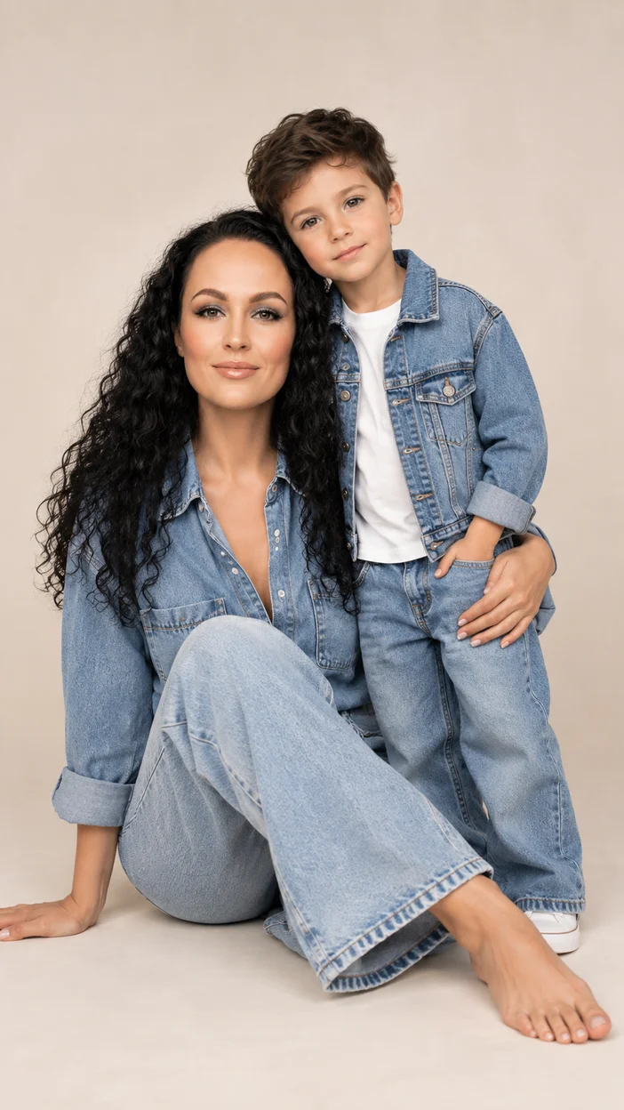 Фотосессия denim: мама в джинсовой рубашке и сын в джинсовой куртке и джинсах