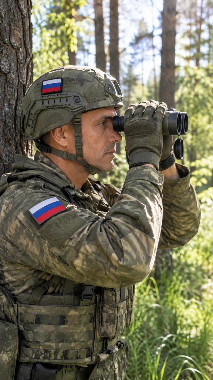 Фотосессия военный наблюдатель в солнечном лесу с биноклем в российской форме