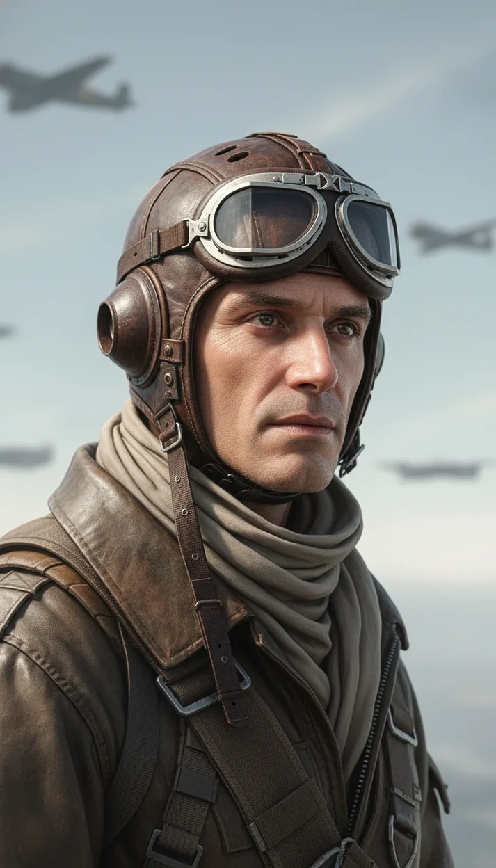 оенный пилот в кожаном шлеме и очках на фоне неба с самолётами