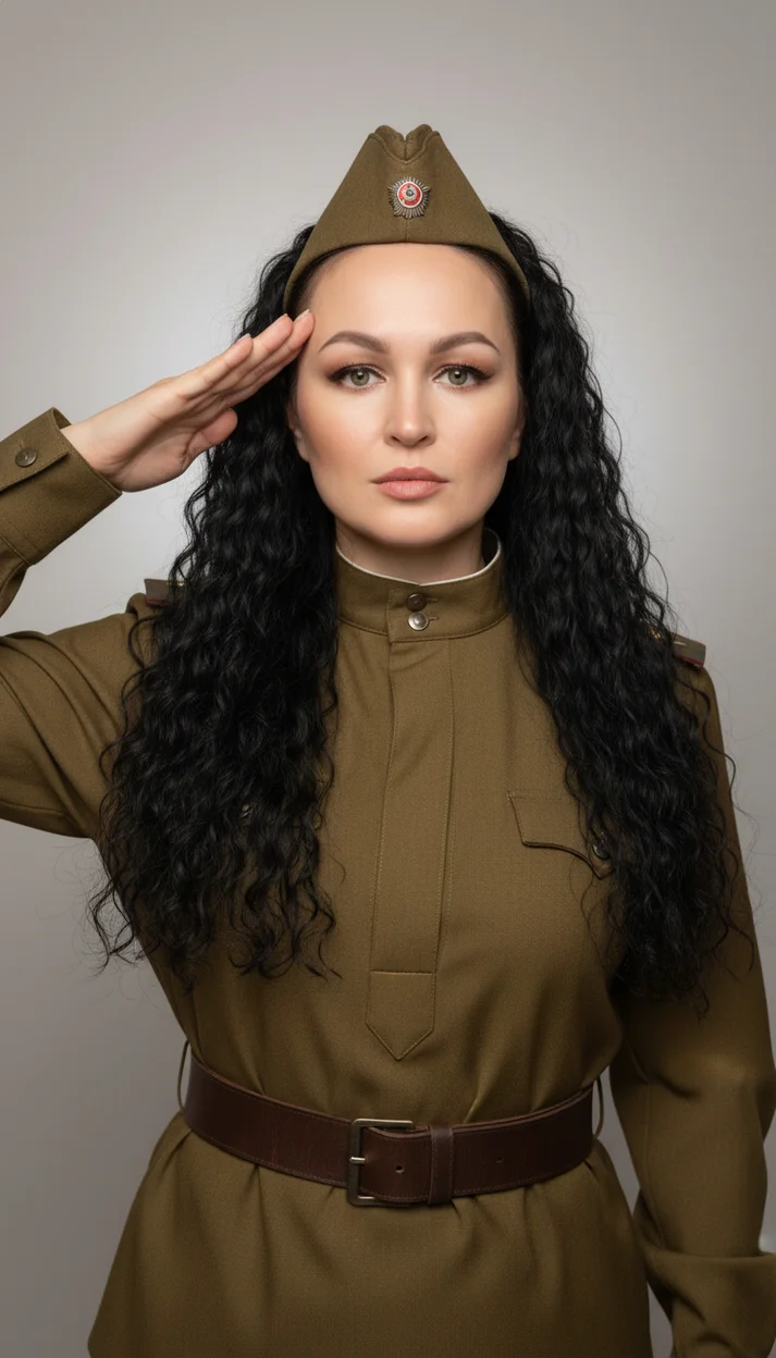  Женщина в военной форме стоит в студии отдает честь