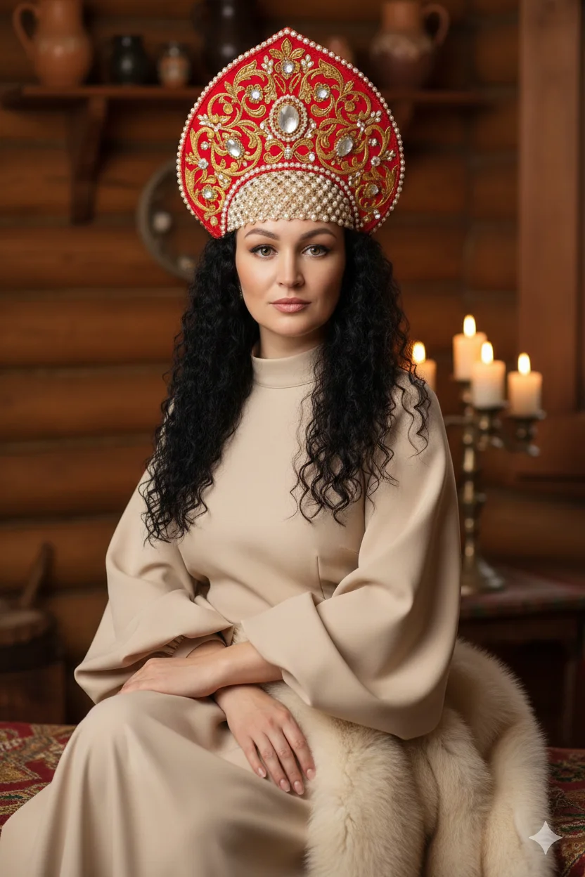 Девушка в красном кокошнике в деревянном интерьере
