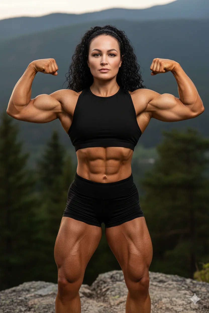 Атлетичная женщина на природе в спортивном топе и шортах, фронтальная поза бодибилдера