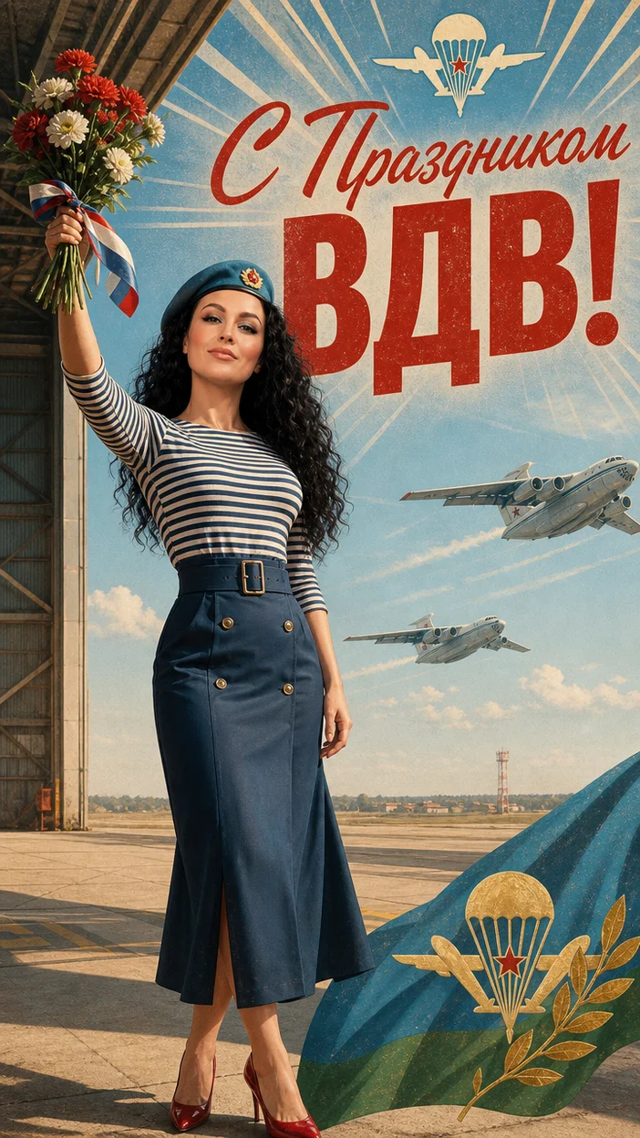 Фотосессия уверенная девушка с букетом у ангаров — плакатная ретро‑открытка