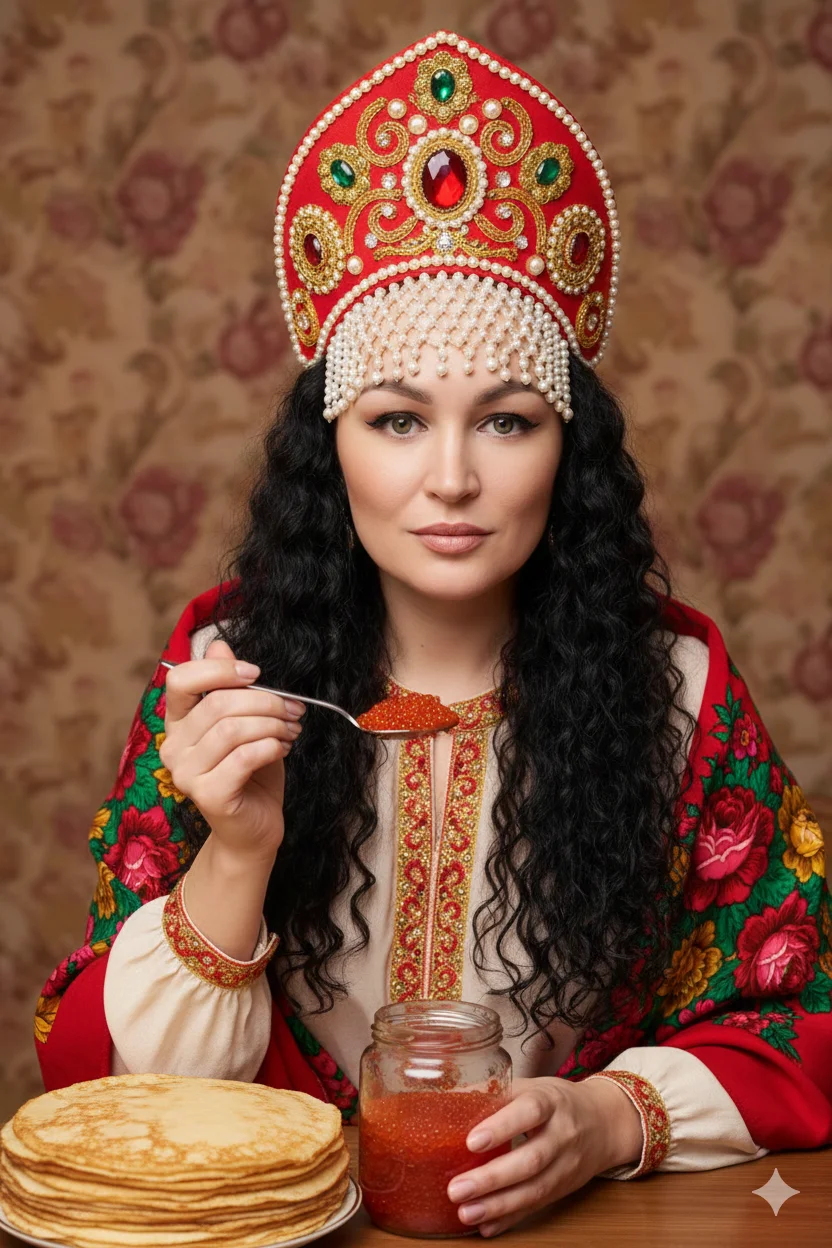 Девушка в красном кокошнике и платке держит ложку с икрой за столом