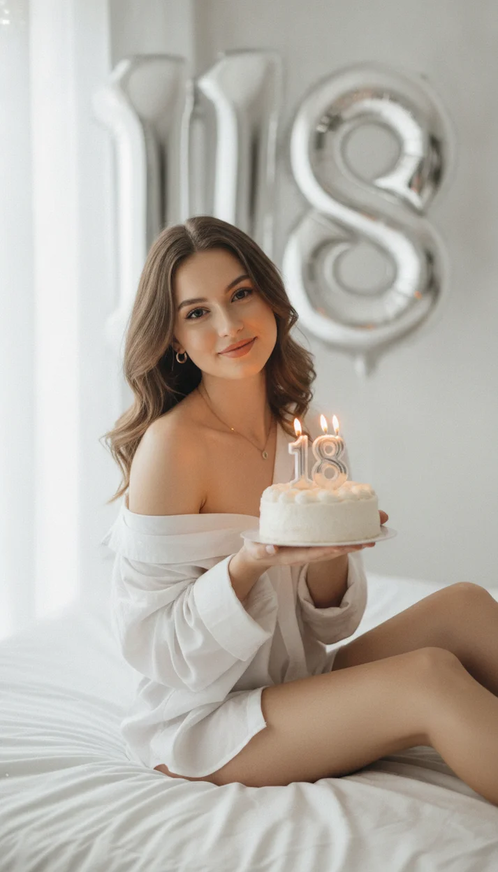  Фотосессия на 18 лет с тортом и серебряными шарами