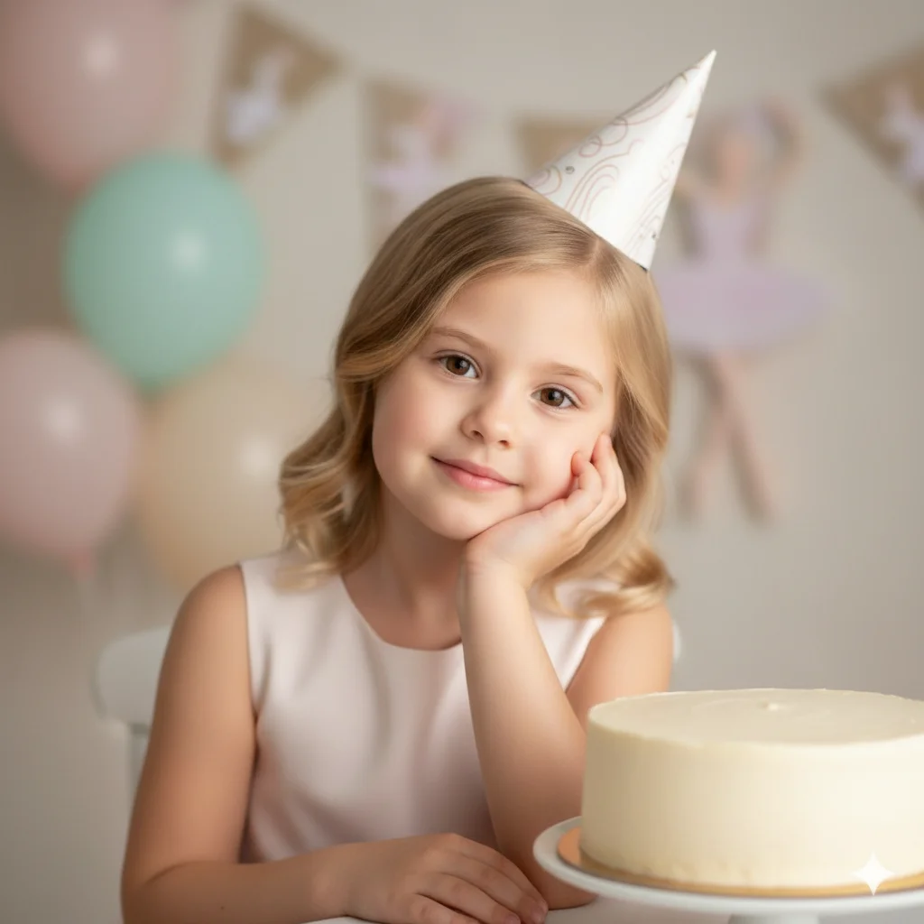 Девочка в светло-розовом платье сидит за столом с тортом и опирается щекой на руку