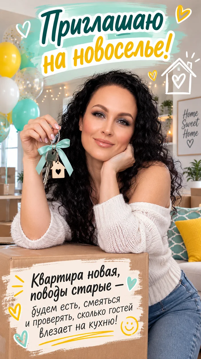 Фотооткрытка для девушки с приглашением «Приглашаю на новоселье!»