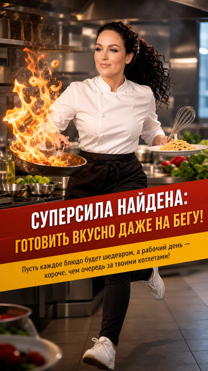 Фотооткрытка повару с текстом "СУПЕРСИЛА НАЙДЕНА: ГОТОВИТЬ ВКУСНО ДАЖЕ НА БЕГУ!"