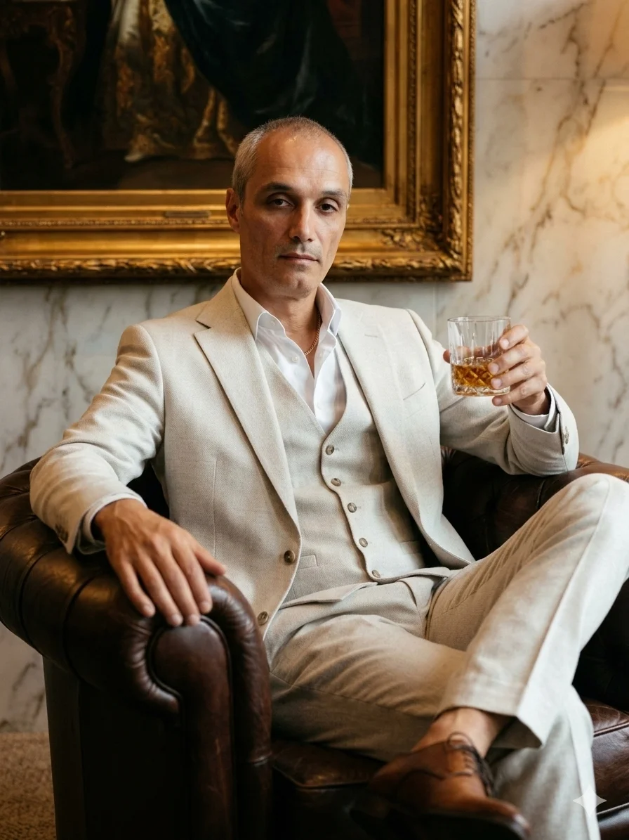 Мужчина в светлом костюме в кожаном кресле с бокалом в руке