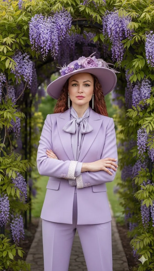 Лавандовый костюм в саду глициний