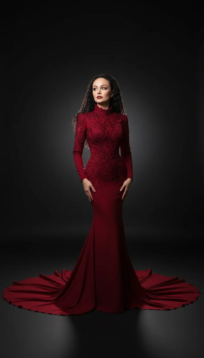  Женщина в длинном красном платье с рельефной текстурой и длинным шлейфом