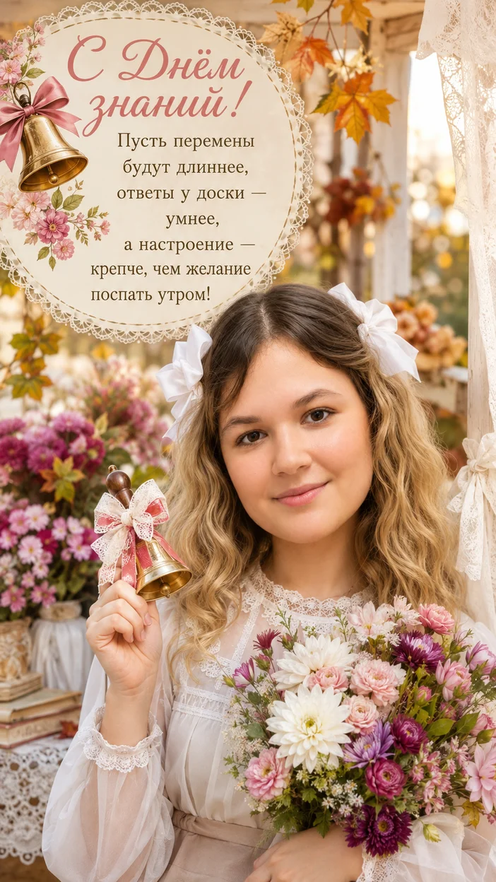 Фотооткрытка крупным планом с колокольчиком и хризантемами