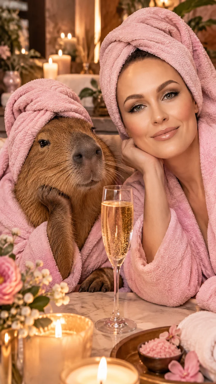 Фотосессия в SPA с капибарой в розовых халатах и шампанским