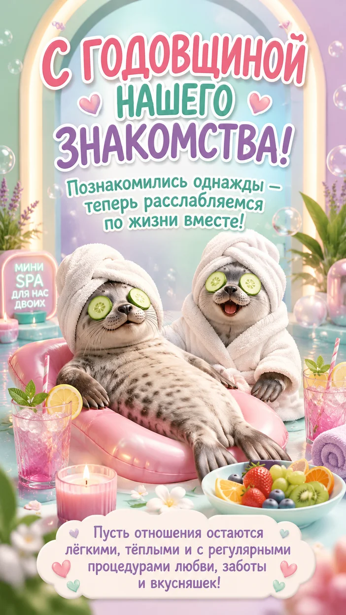 Фотосессия морских котиков в спа-открытке на годовщину знакомства