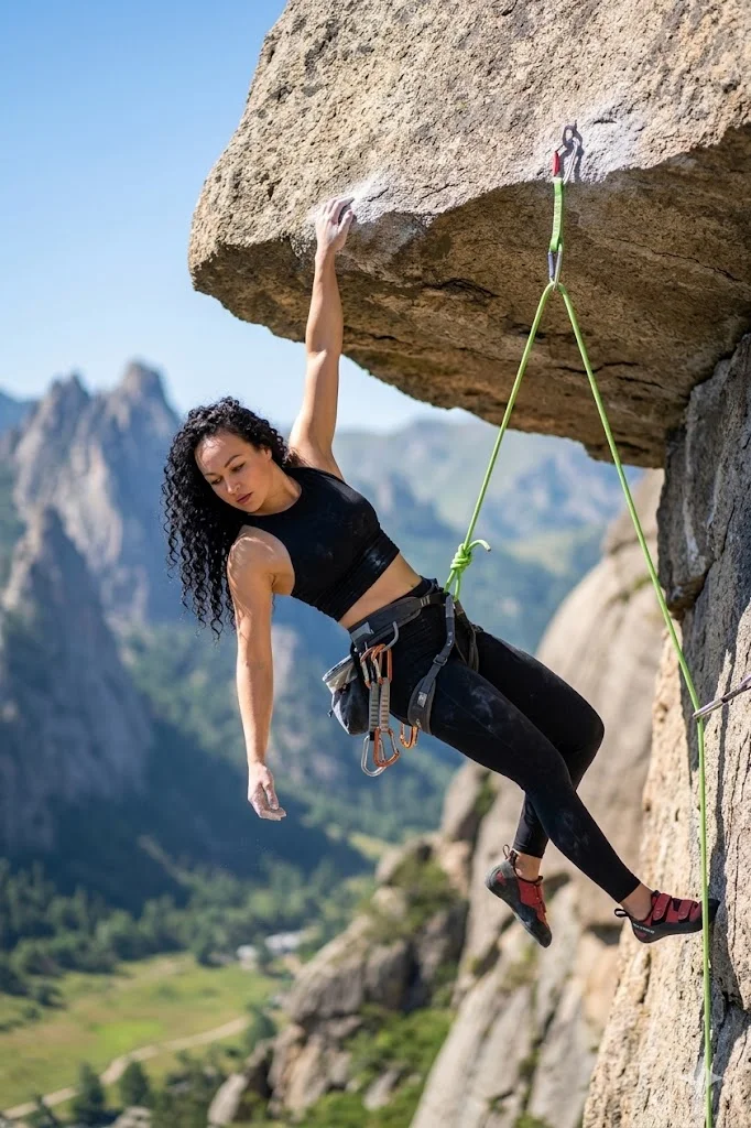 Девушка на отвесной скале в страховке в спортивном топе