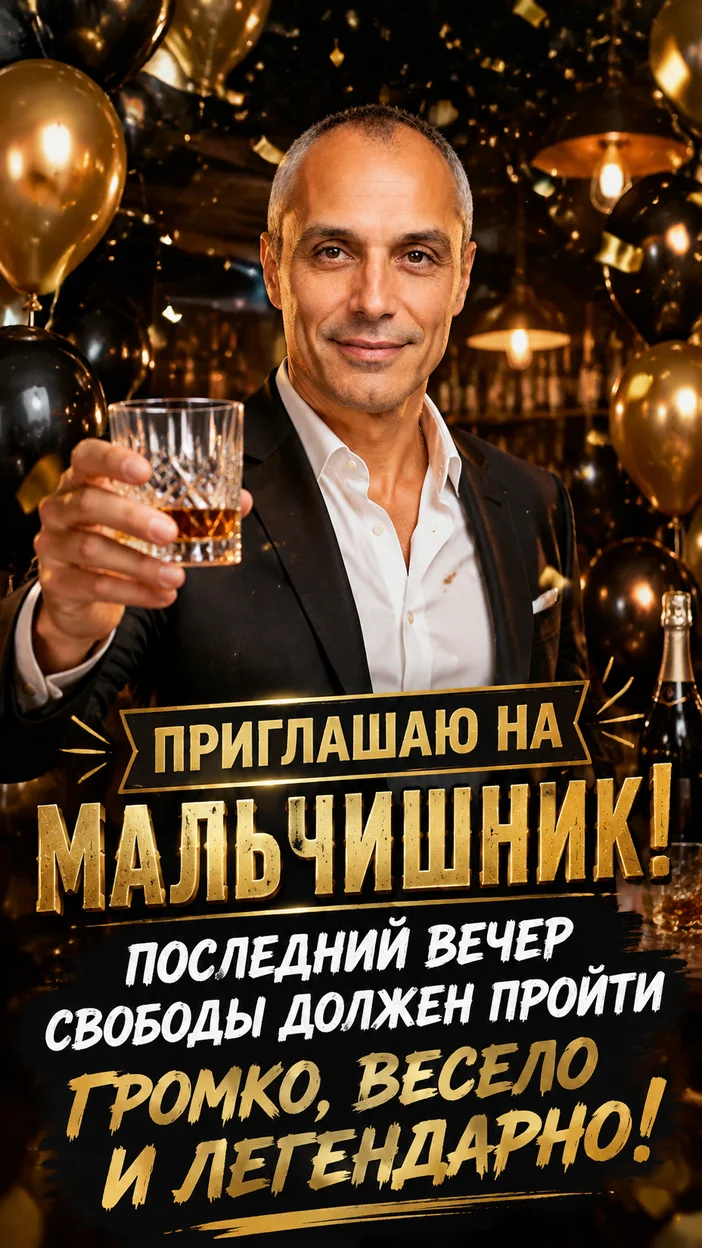 Фотооткрытка для гостей с текстом «Приглашаю на мальчишник! Последний вечер свободы должен пройти громко, весело и легендарно!»