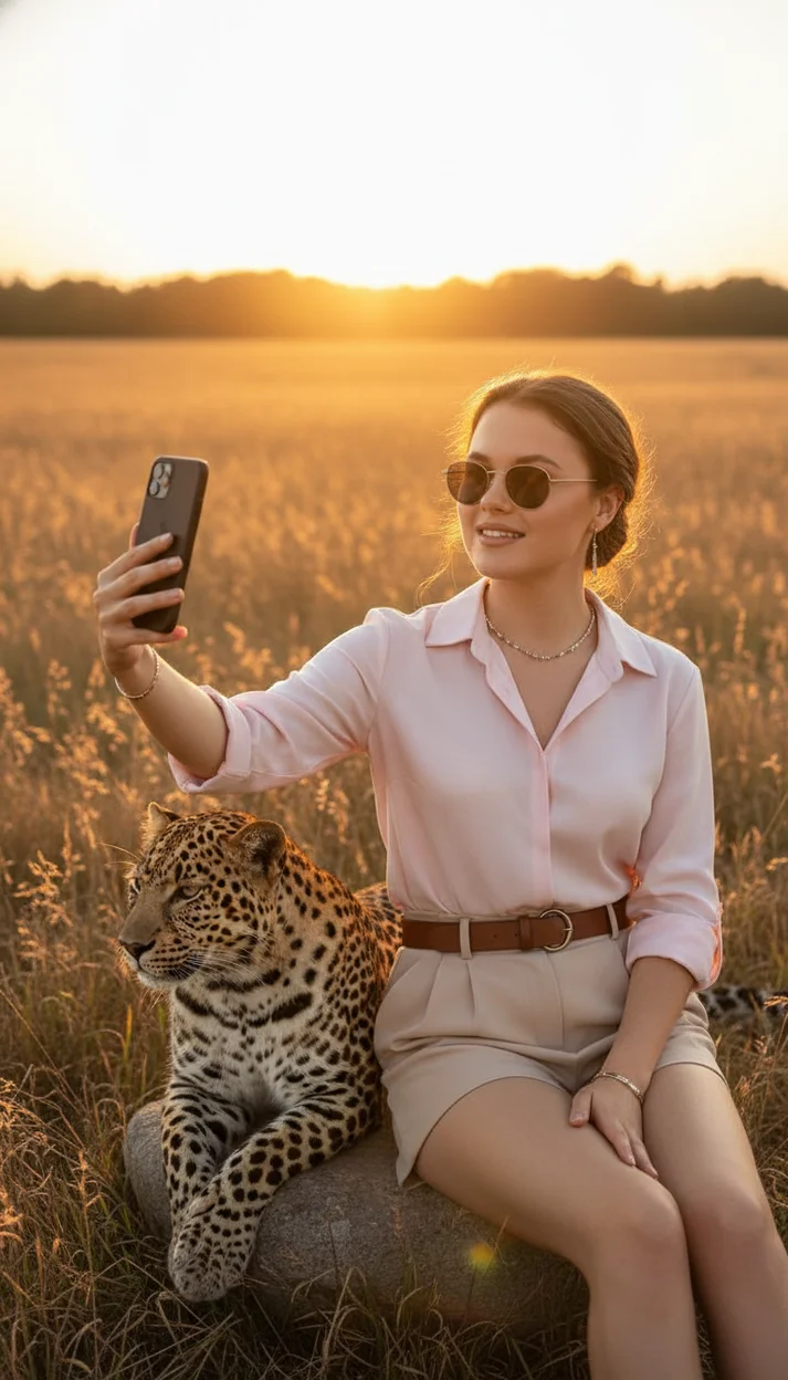 Девушка в поле на закате с леопардом сидя делает селфи тёплый солнечный свет
