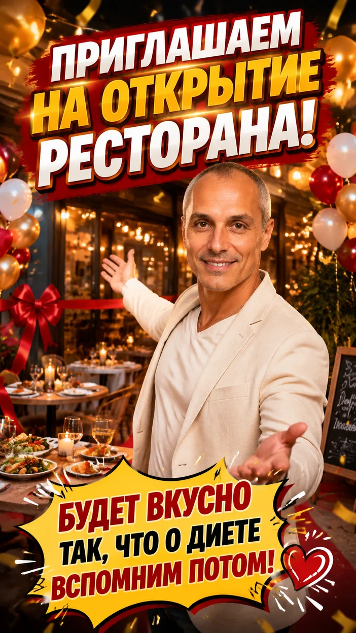 Фотооткрытка — открытие ресторана яркое приглашение
