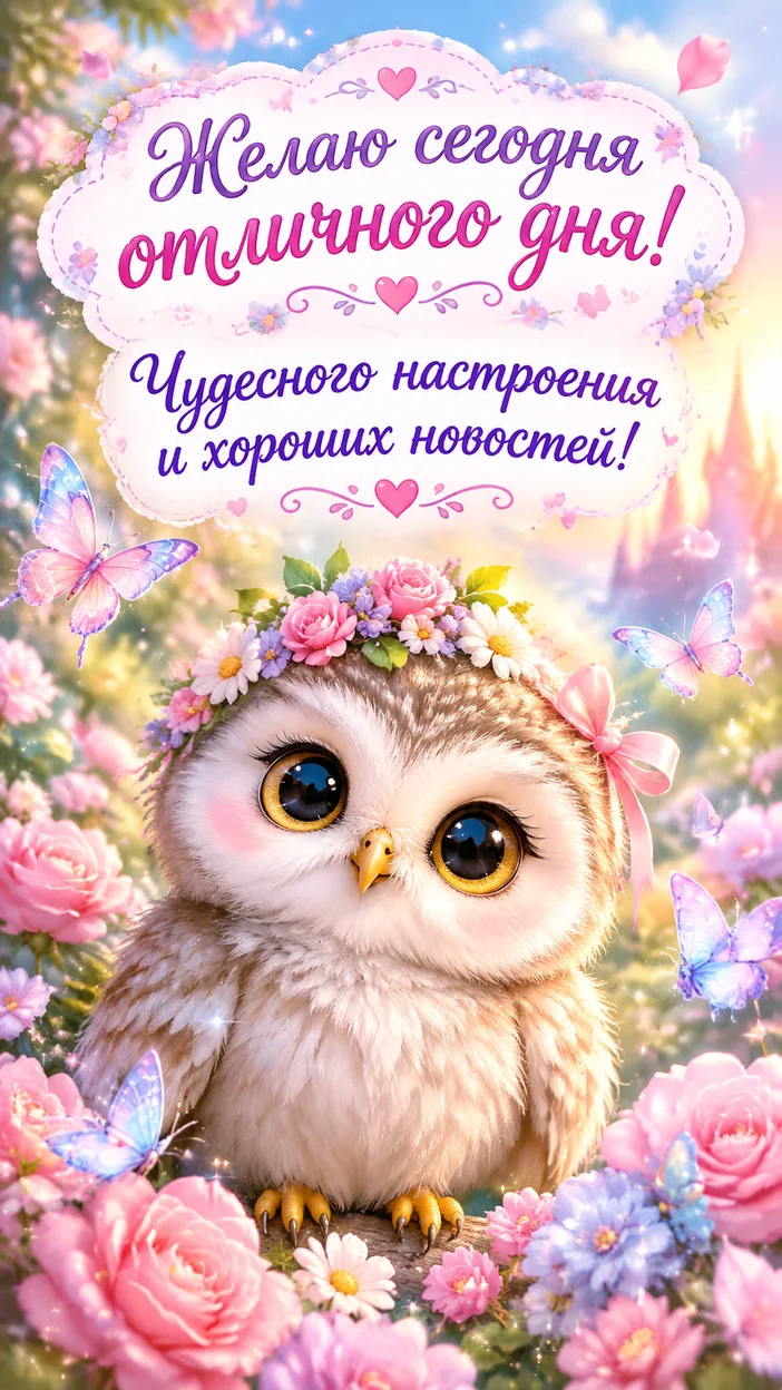 Фотосессия нежной открытки с совёнком в розовом саду
