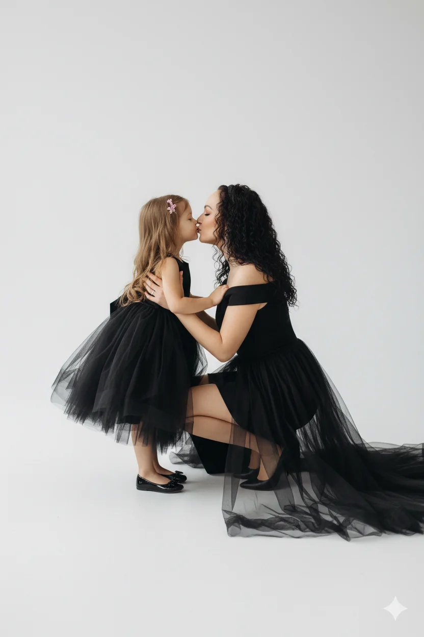 женщина и ребёнок в чёрных вечерних образах