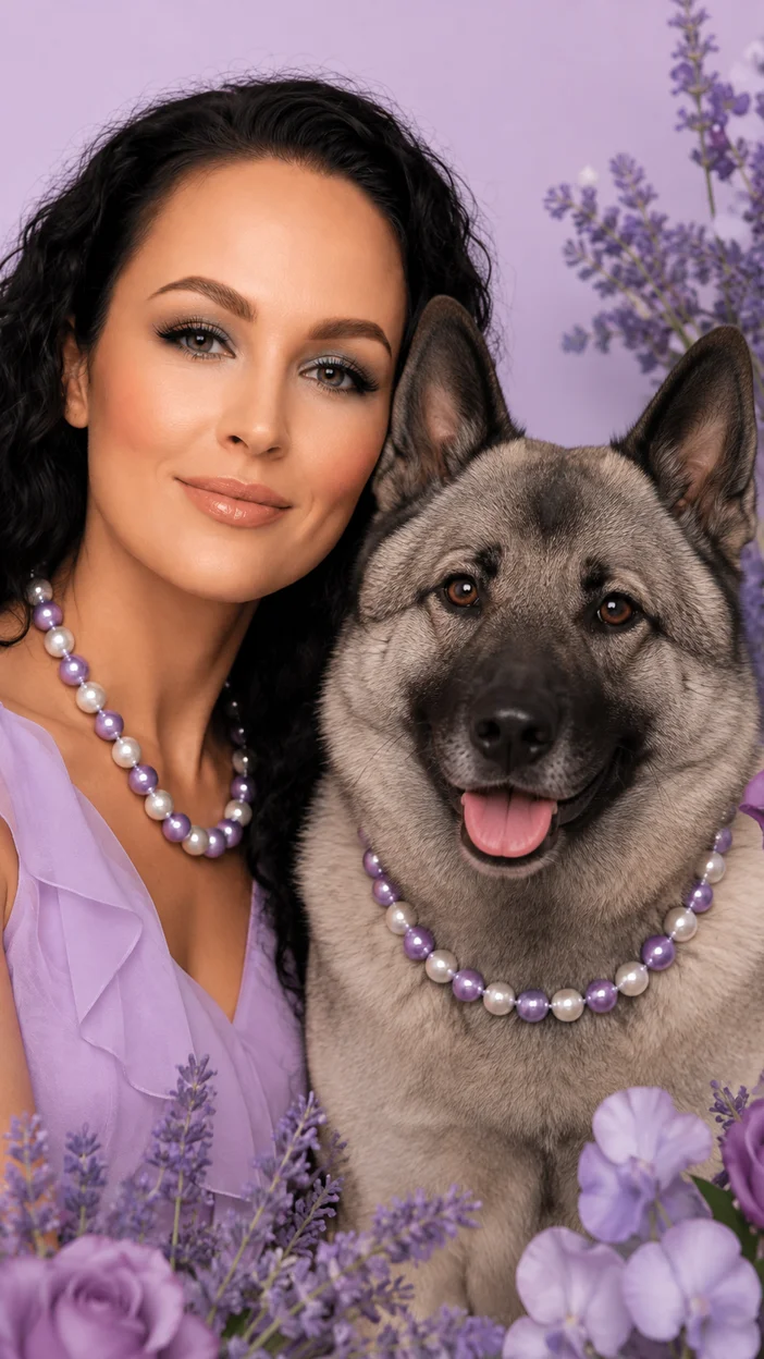 Фотосессия девушки и норвежского элкхаунда щека к щеке