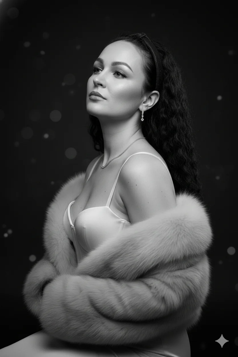 Женщина в студии в светлой меховой накидке