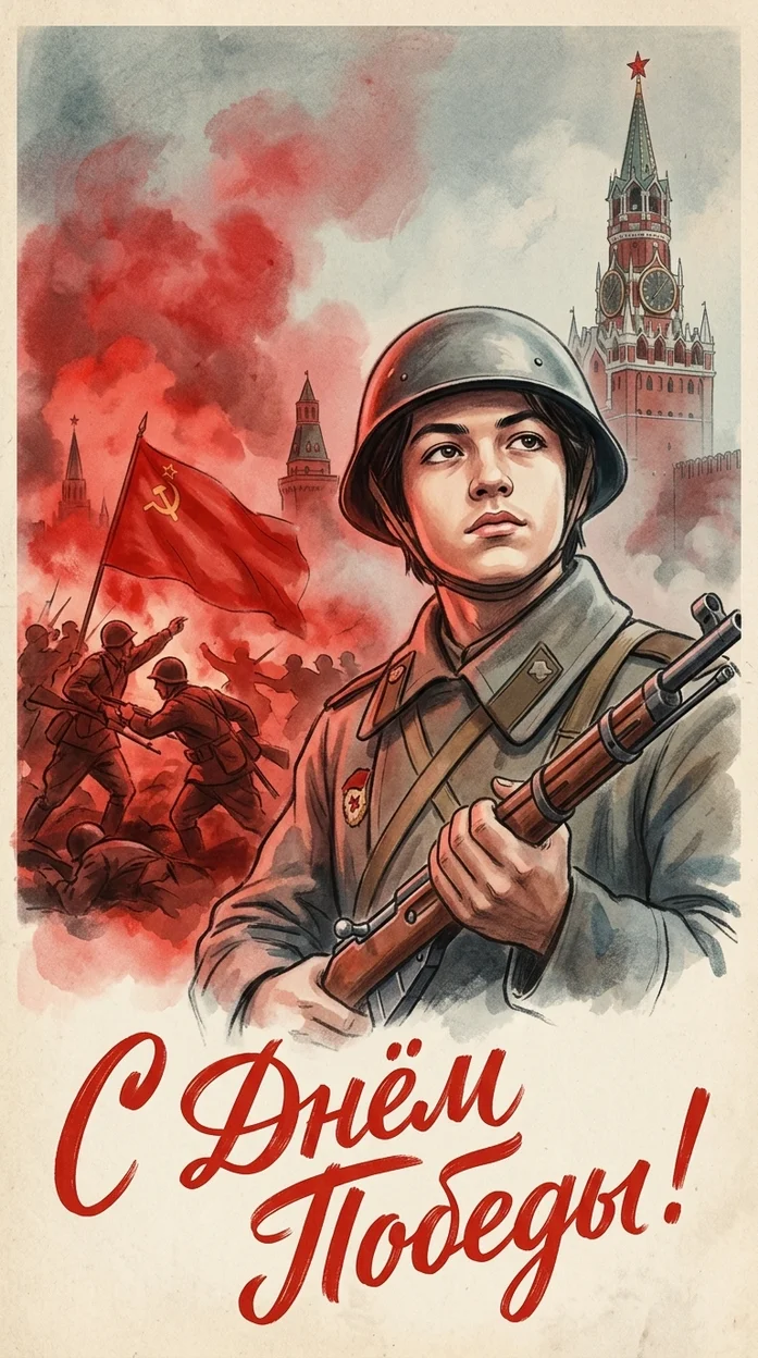  Художественная иллюстрация в стиле военного плаката ко Дню Победы  с вашим фото 