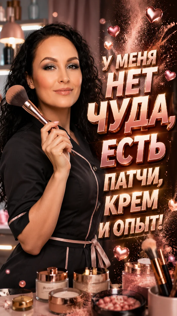 Фотооткрытка для косметолога с текстом "У МЕНЯ НЕТ ЧУДА, ЕСТЬ ПАТЧИ, КРЕМ И ОПЫТ!"