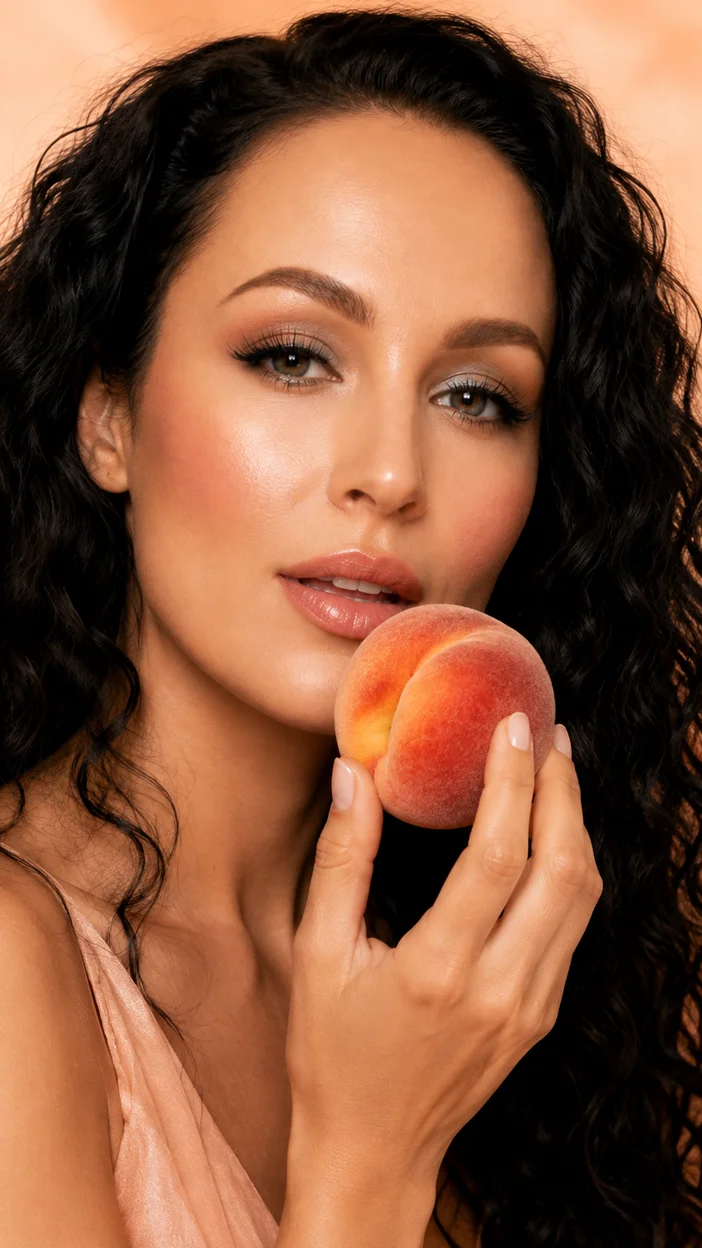 Фотосессия девушки с персиком у губ в beauty-портрете