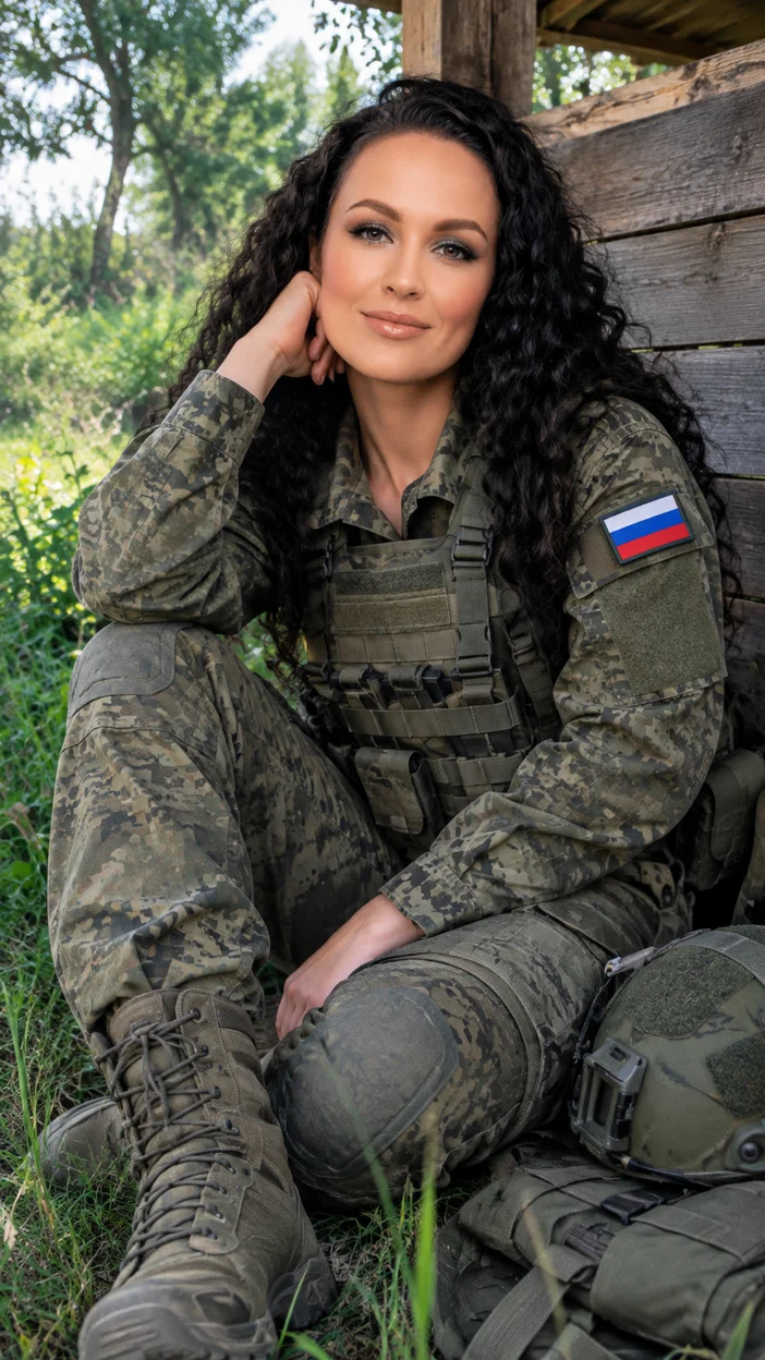 Фотосессия у деревянного укрытия — расслабленный портрет девушки в русской военной форме с шевроном