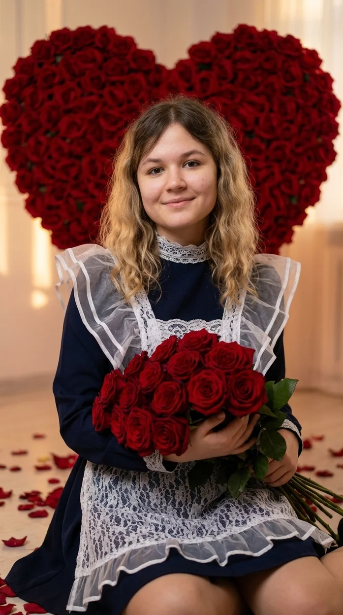 romantic-съёмка   с цветами в школьной форме 