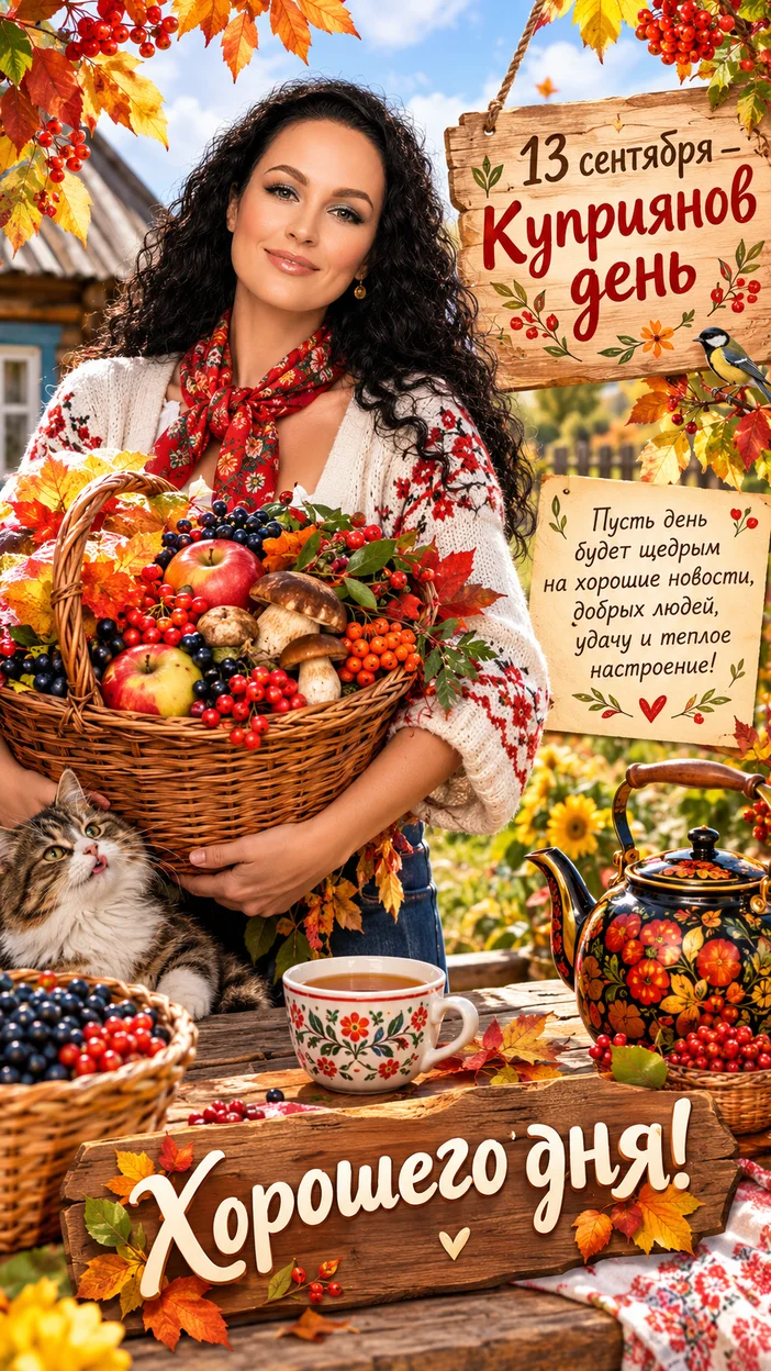 Фотосессия деревенская осень 13 сентября — Куприянов день, женщина с корзиной осенних даров и чайником