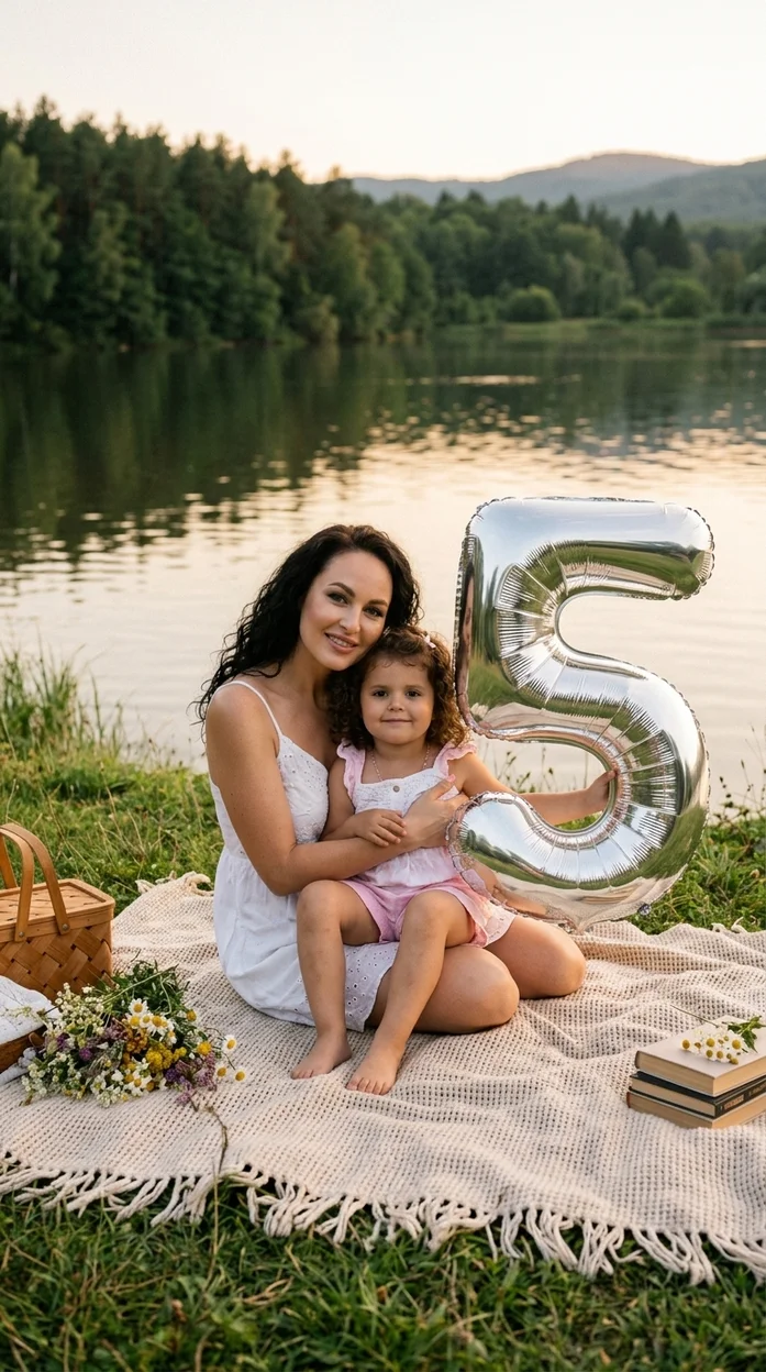  Фотосессия мамы с ребёнком у озера с цифрой 5