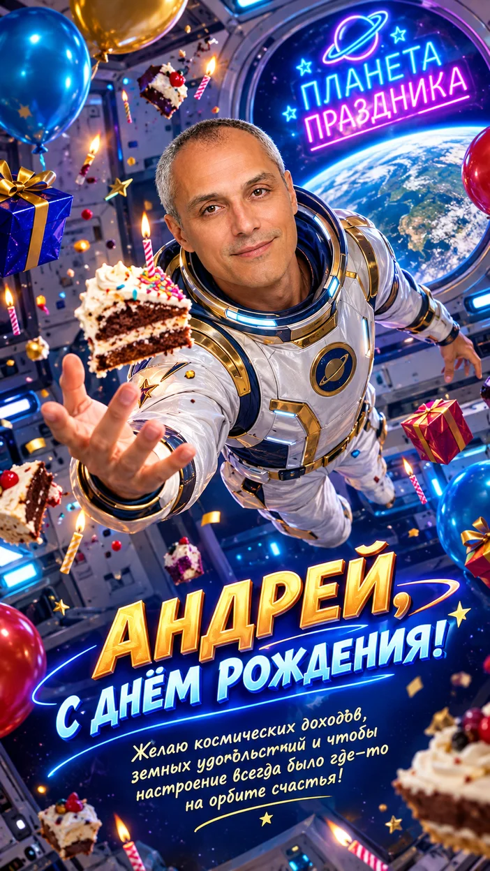 Фотосессия Андрея в космическом костюме среди торта и подарков в невесомости — фантазийная открытка «АНДРЕЙ, С ДНЁМ РОЖДЕНИЯ!