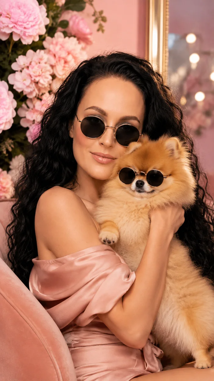 Фотосессия девушки в солнцезащитных очках в розово-персиковом fashion-салоне с померанцем