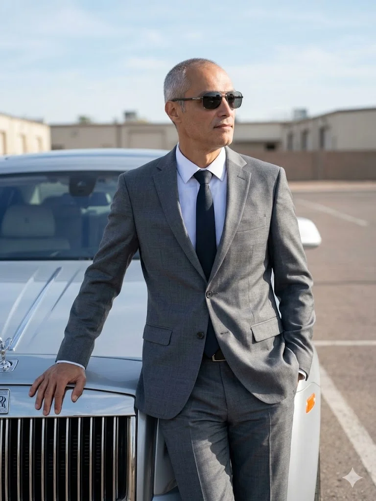 Мужчина в сером костюме у серебристого автомобиля