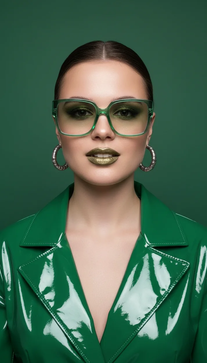 Девушка в студии в зелёном глянцевом образе крупный портрет фронтально взгляд в камеру яркий свет