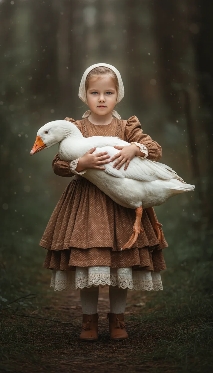 Сказочный деревенский портрет ребёнка с гусем в стиле винтажной европейской сказки