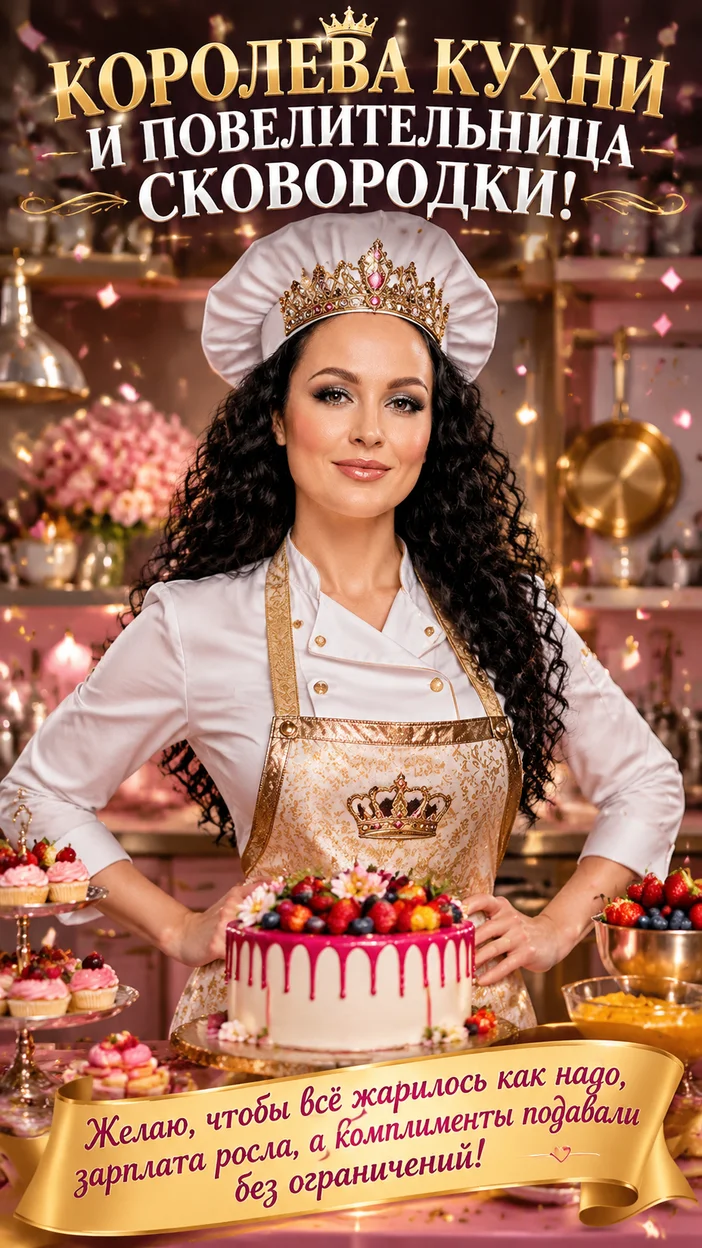 Фотооткрытка повару с пожеланием "КОРОЛЕВА КУХНИ И ПОВЕЛИТЕЛЬНИЦА СКОВОРОДКИ!"