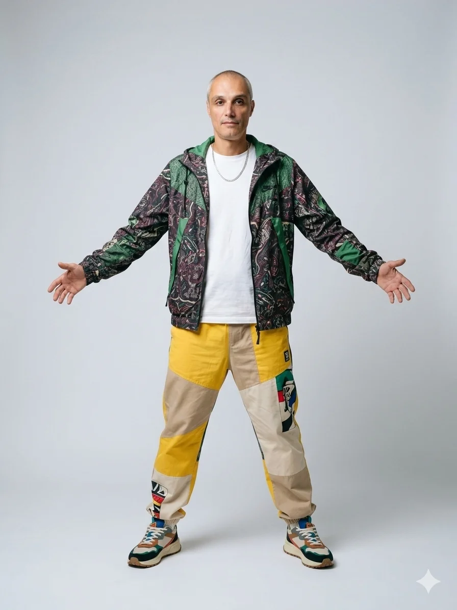 Парень в ярком уличном образе в студии с раскинутыми руками