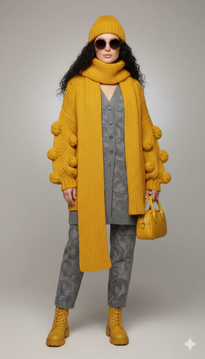 Девушка в объёмном жёлтом вязаном комплекте с шарфом и очками