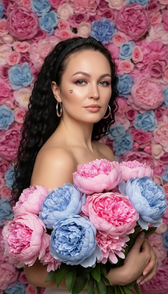  Девушка с букетом пионов на фоне цветочной стены