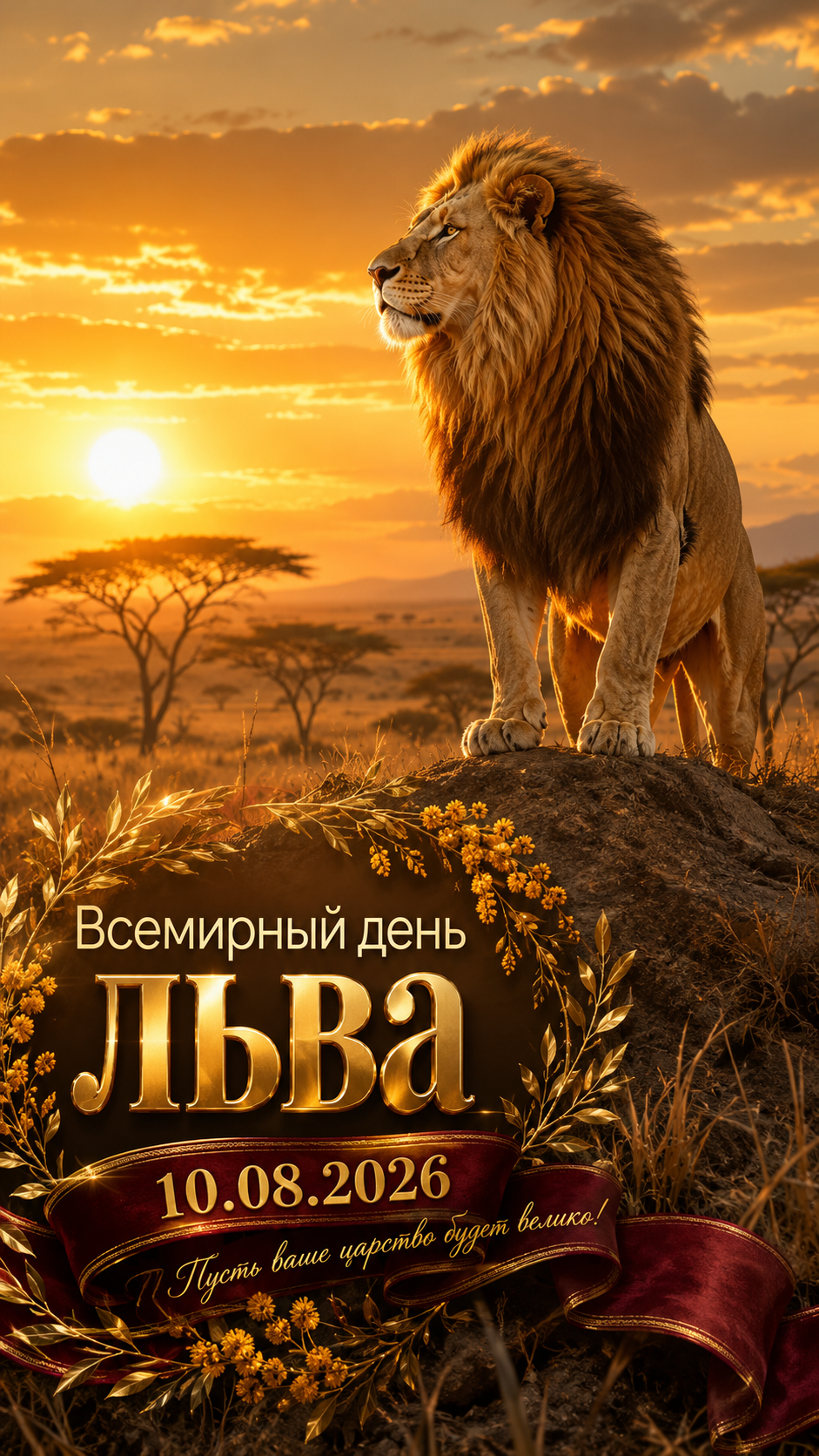 Всемирный день льва — 10.08.2026 — Золотой закат и королевский баннер