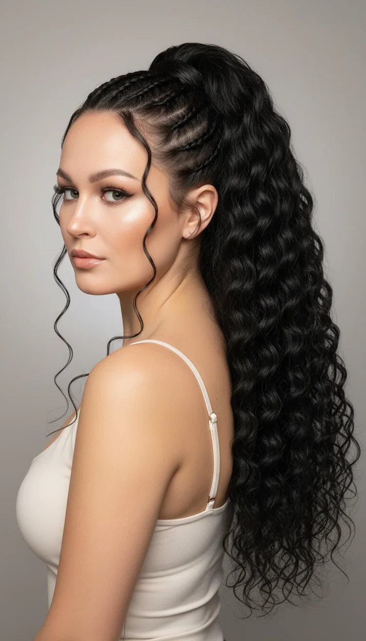 Замена прически - Высокий хвост с плетением и длинными упругими локонами с максимальным объемом 