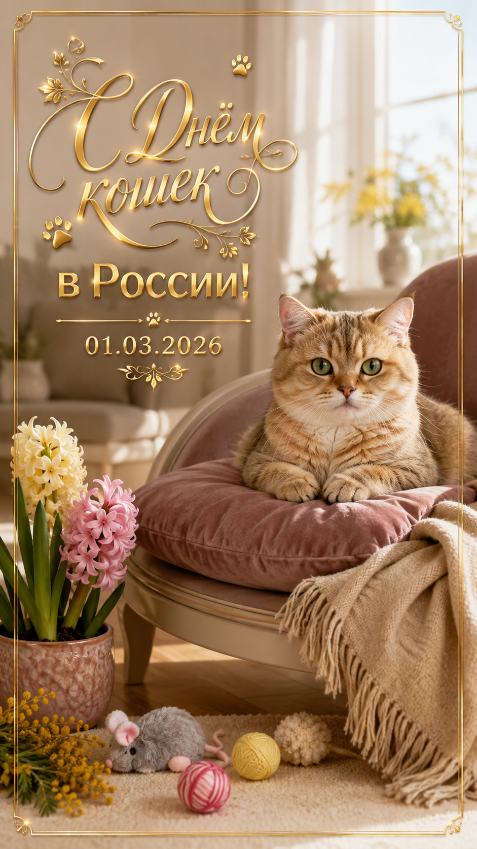День кошек в России — 01.03.2026 — уютная премиальная открытка