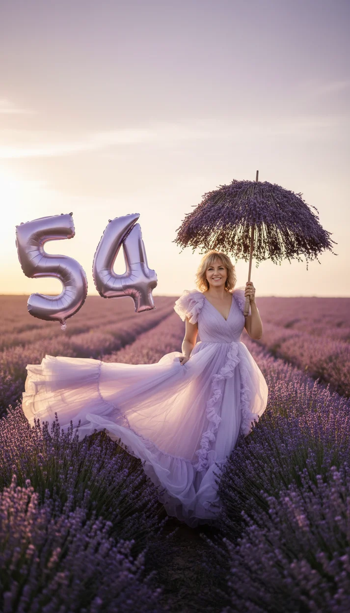  54 года — фотосессия в лавандовом поле с праздничными шарами