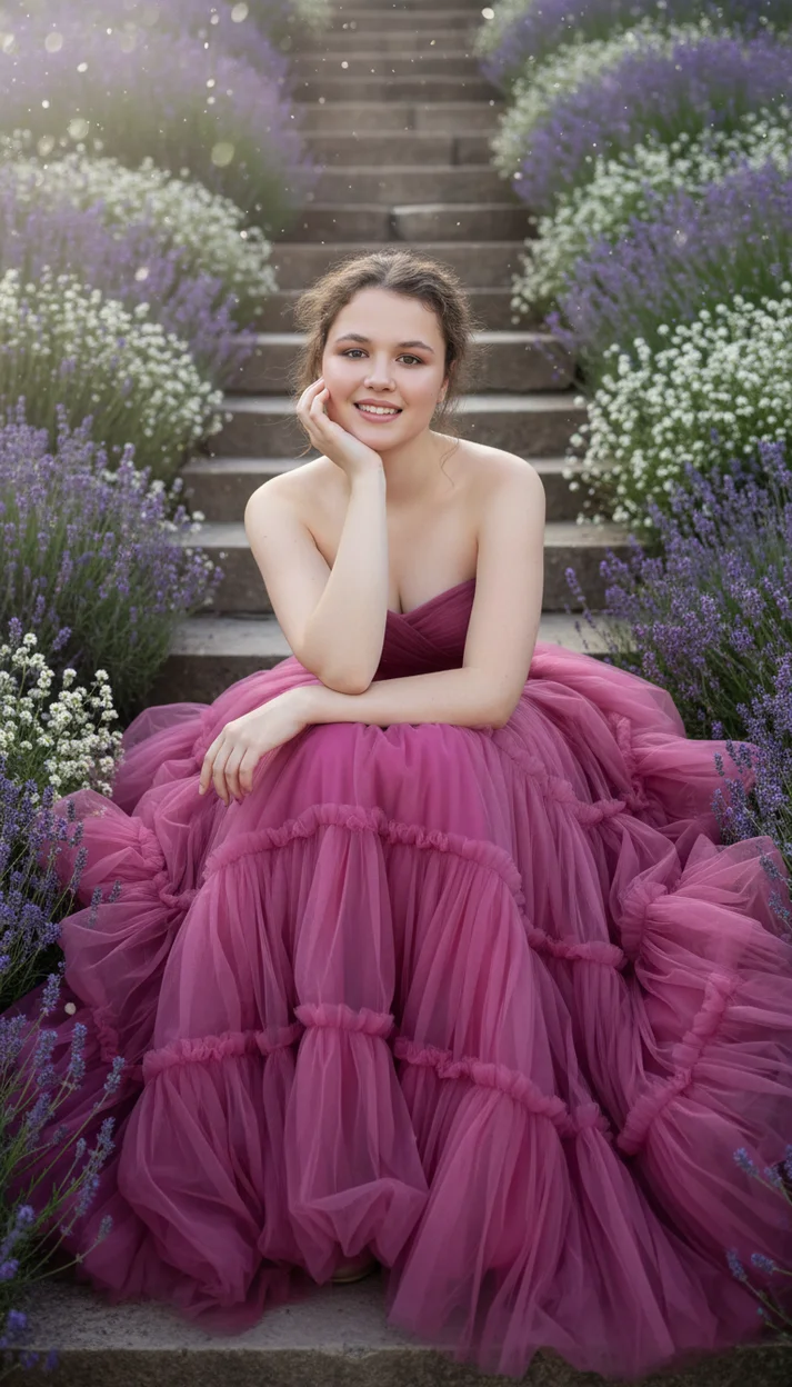 Девушка на лестнице среди лаванды в пышном розовом платье 