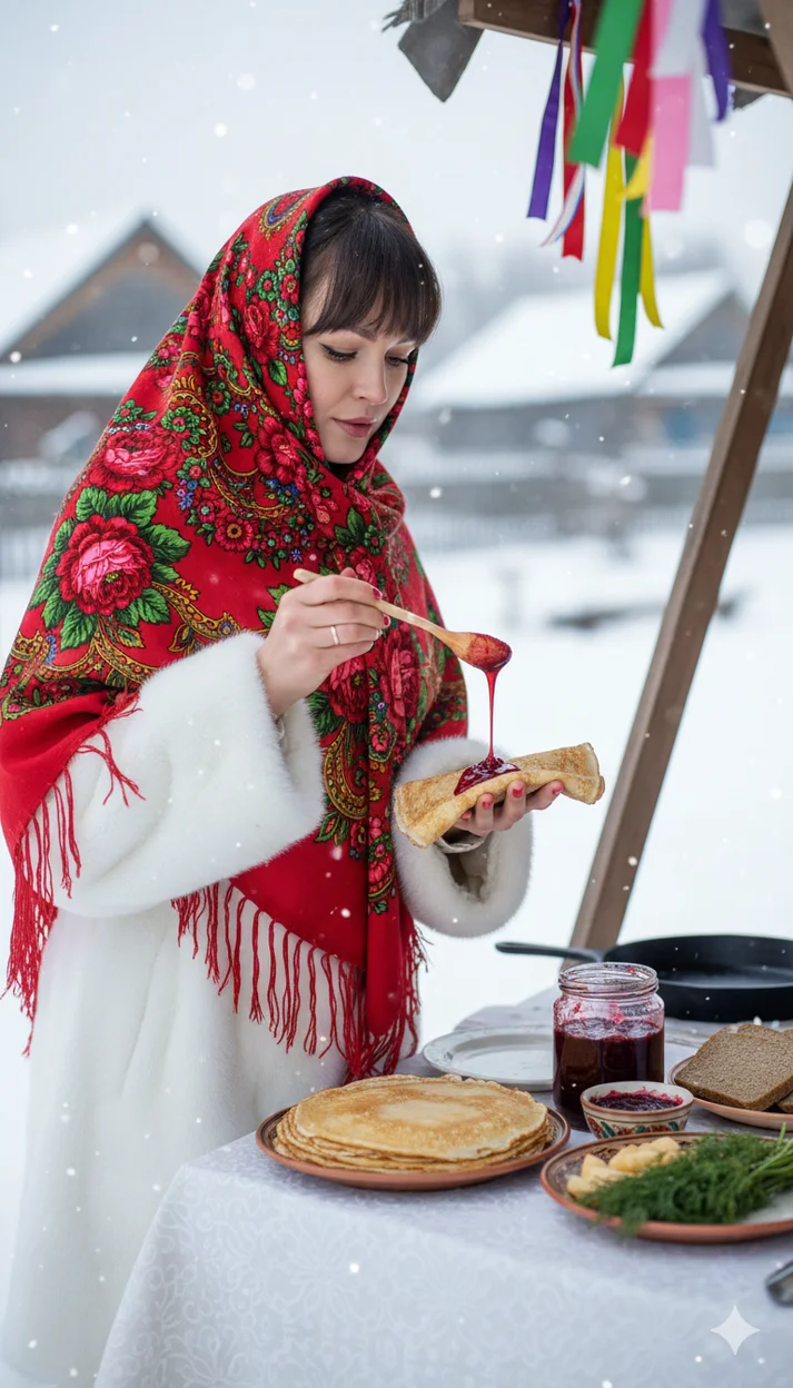 Женщина в красном павлопосадском платке за уличной деревянной лавкой с блинами зимой