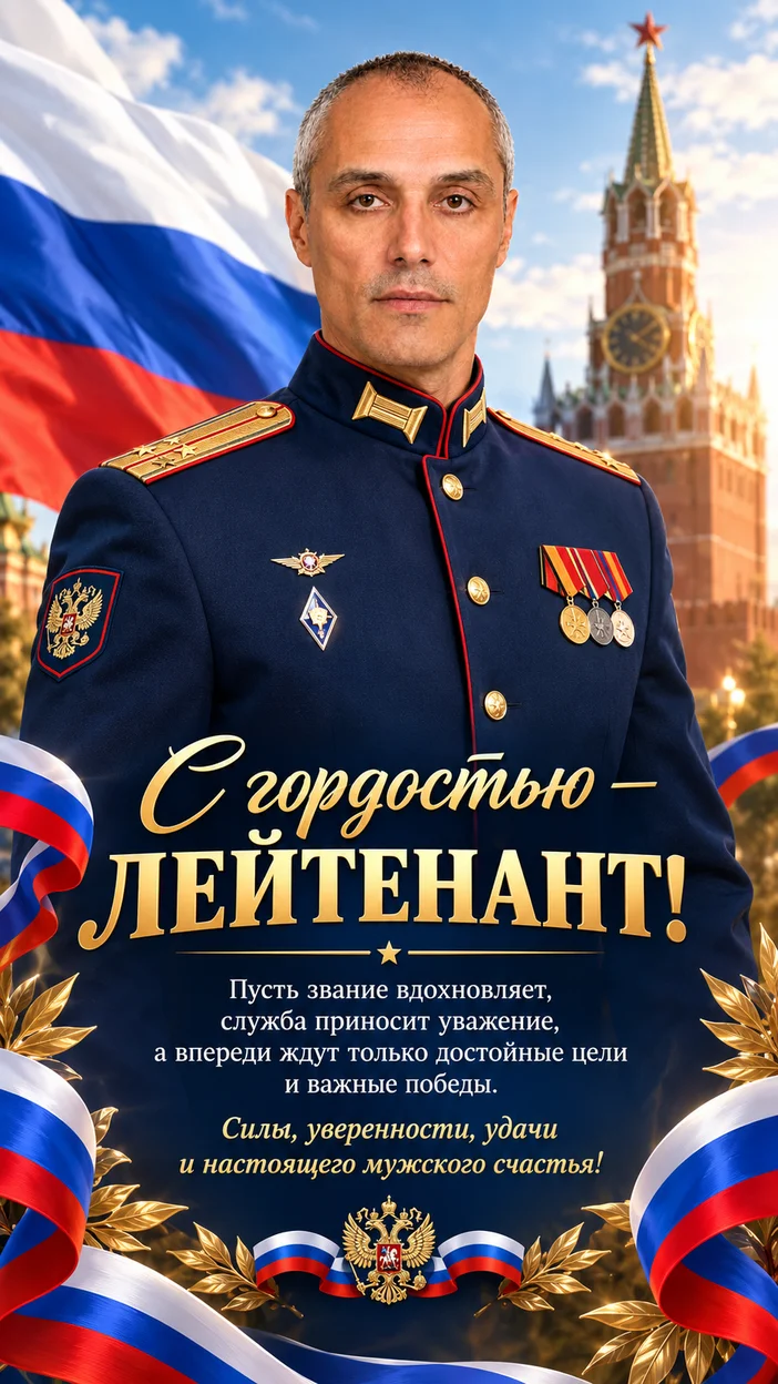 Фотосессия лейтенант в парадной форме на праздничном фоне с лентами и флагом — банер‑открытка «С гордостью — лейтенант!