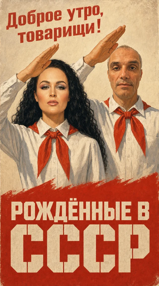 Советский плакат «Рождённые в СССР» с лицами с референсов